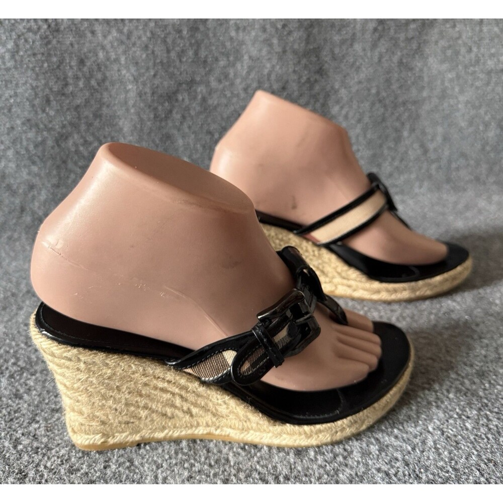 Burberry Nova Check Espadrille Wedge Thong Sandals Black Patent Leather EU 38